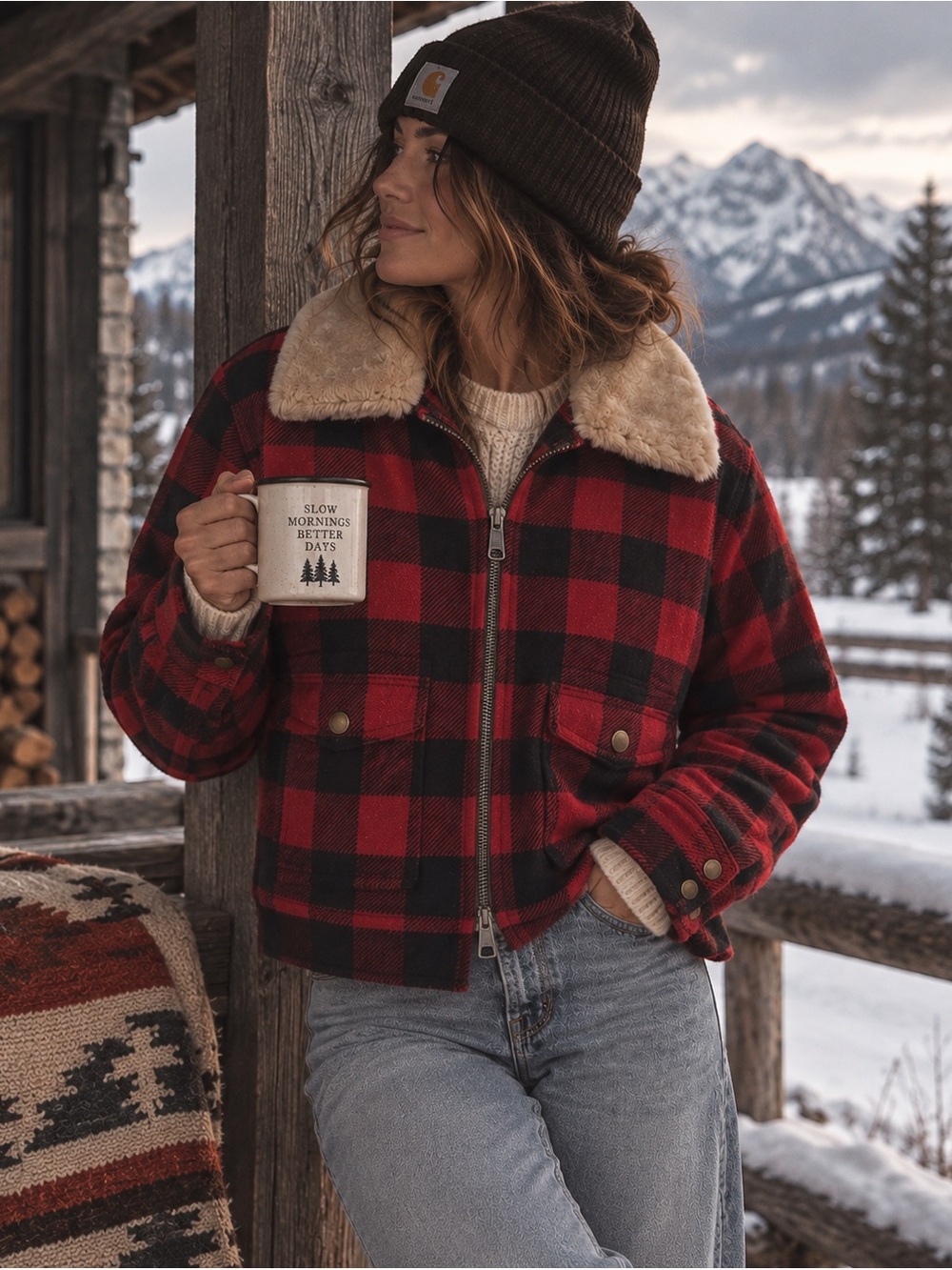 Pendleton Wool Red and Black Buffalo Plaid Bomber Jacket with Faux Fur Collar